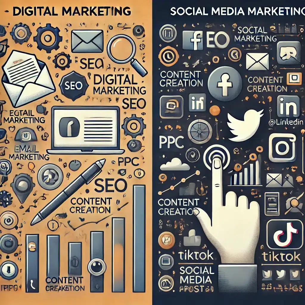 Infographic comparing digital advertising vs digital marketing, highlighting different types of online advertising, social media marketing, and paid advertising strategies.