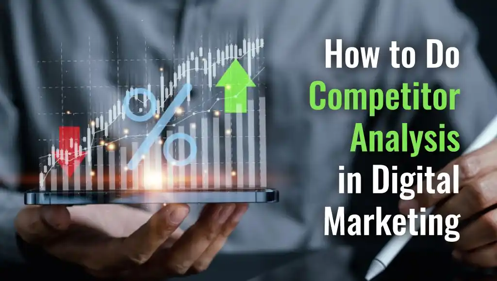 A person holding a tablet with upward and downward arrows, graphs, and percentage icons, symbolizing how to do competitor analysis in digital marketing.