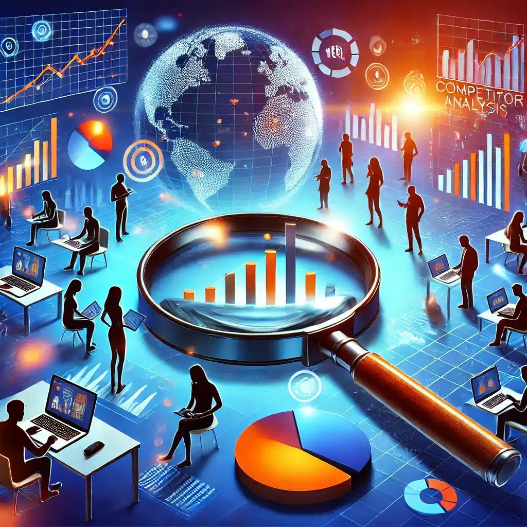 An illustration showing digital marketing competitive analysis with charts, graphs, and data visualizations. A magnifying glass hovers over key data points, symbolizing competitor analysis in the digital marketing space