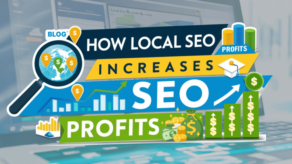 Colorful graphic showcasing "How Local SEO Increases Profits," with charts, dollar signs, and upward growth arrows symbolizing profitable local SEO strategies.