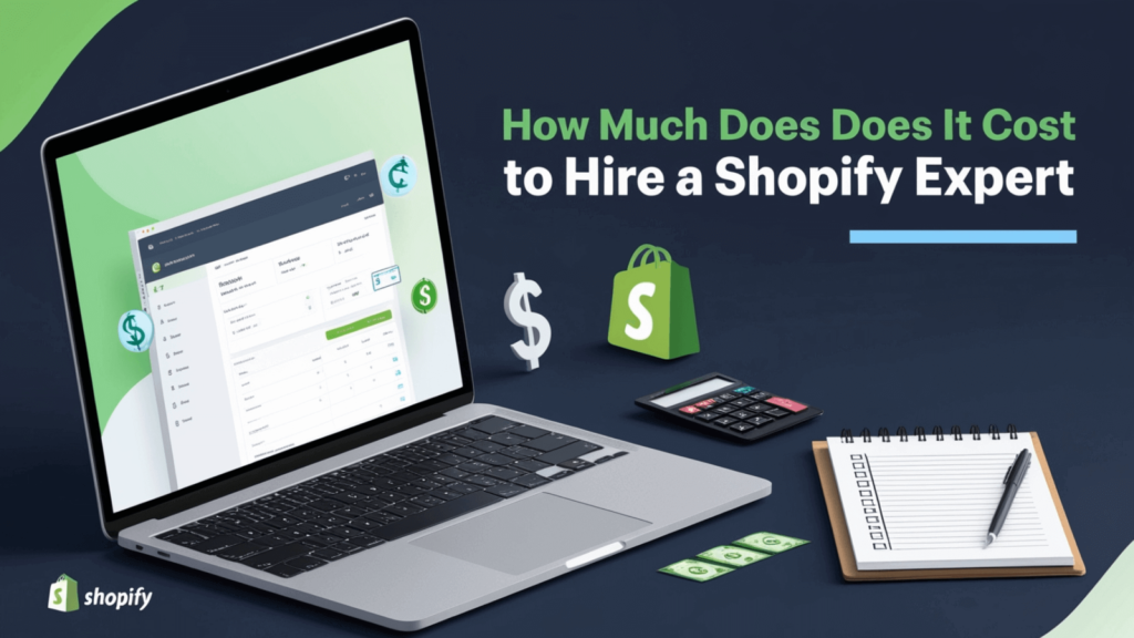 Open laptop displaying Shopify dashboard with dollar symbols, shopping bag, calculator, and notebook, illustrating how much it costs to hire a Shopify expert, including hourly rates and Shopify expert cost.