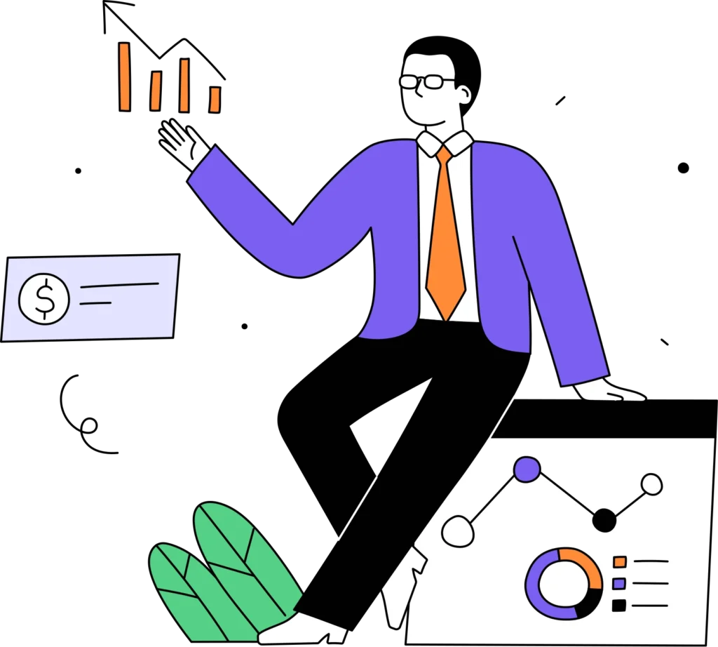 An illustration of a professional in a suit explaining financial growth charts and analytics, symbolizing results-driven local SEO services and business success.