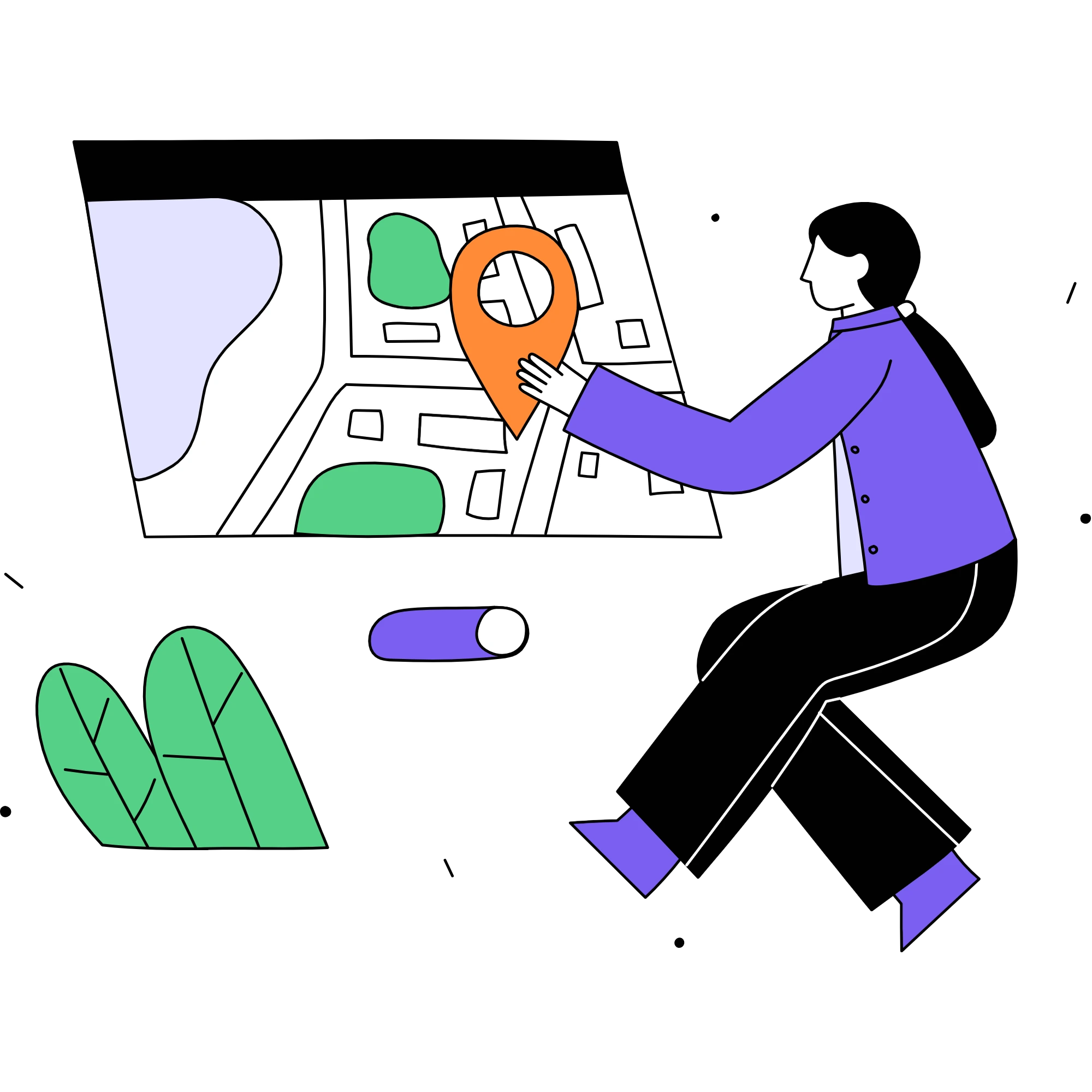 A modern illustration of a person holding a large location pin over a digital map, representing local SEO services and small business marketing.